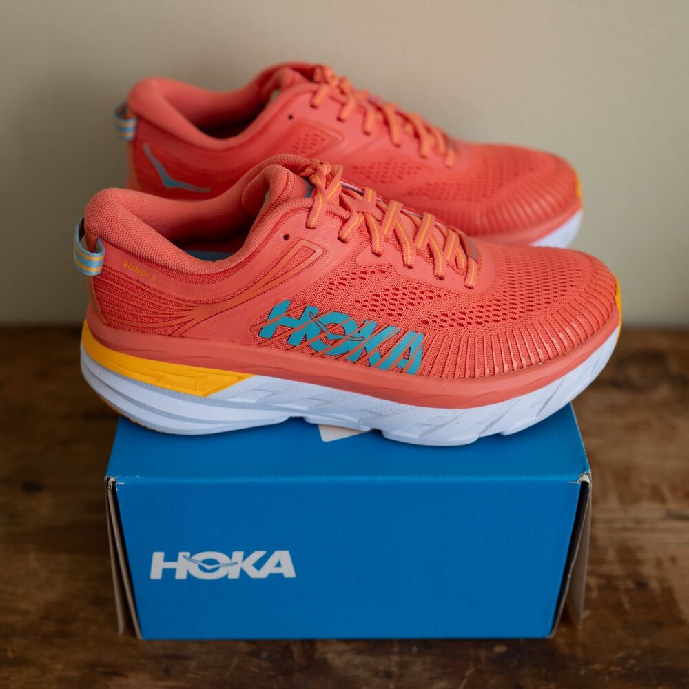 HOKA ONE ONE Bondi Orange Sneaker Shoe Size 7 NIB 1110519 Camellia/Coastal Shade